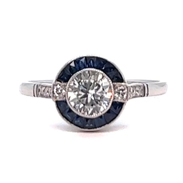 Art Deco Inspired Diamond Sapphire Platinum Engagement Ring
