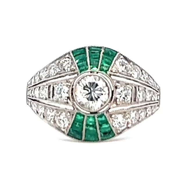 Art Deco Inspired Diamond Emerald Platinum Filigree Ring