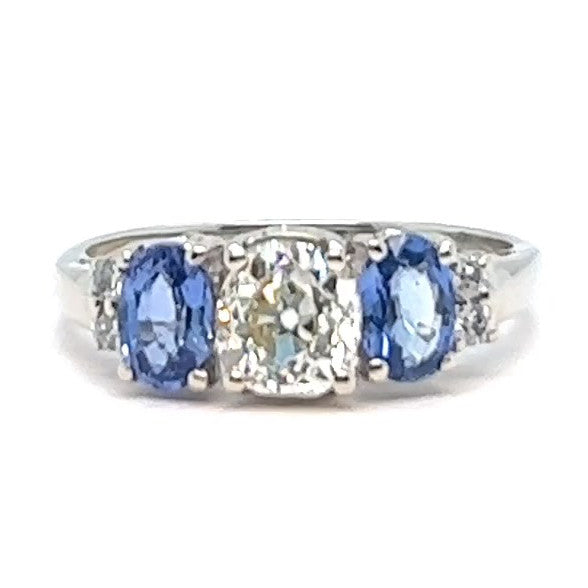 Vintage 1.00 Carat Old Mine Cut Diamond Tanzanite White Gold Three Stone Ring