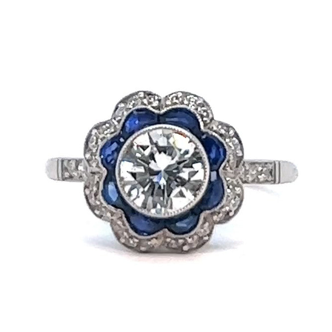 Art Deco Inspired 0.78 Carat Diamond Sapphire Flower Halo Platinum Ring