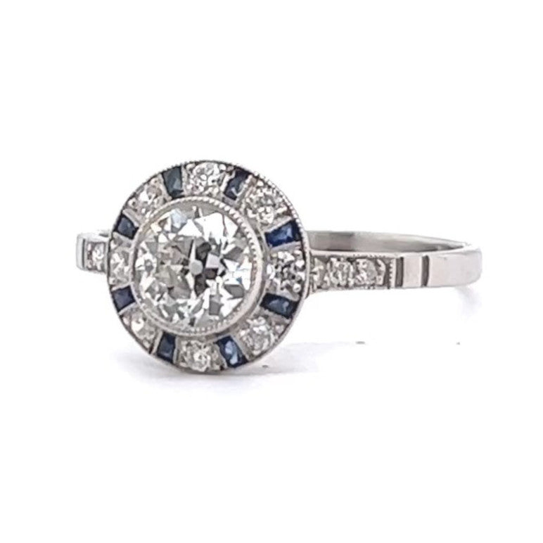Art Deco Inspired Old European Cut Diamond Sapphire Platinum Halo Ring