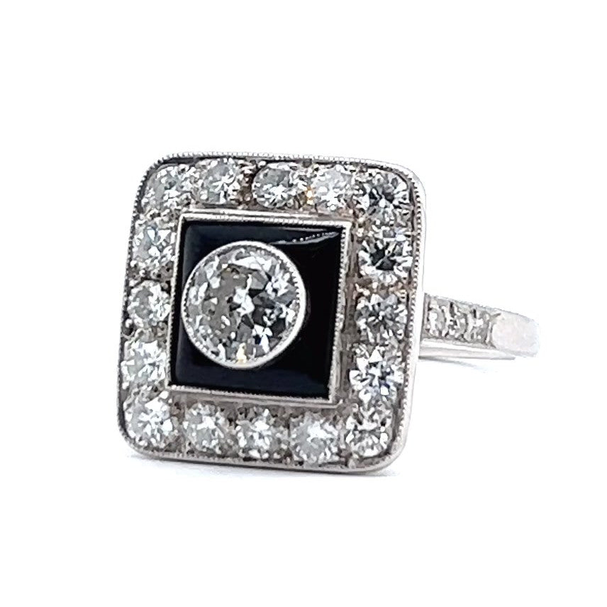 Art Deco Inspired Diamond Onyx Platinum Engagement Ring