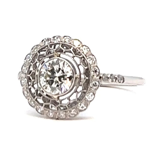 Art Deco Inspired 0.70 Carat Diamond Platinum Halo Filigree Ring