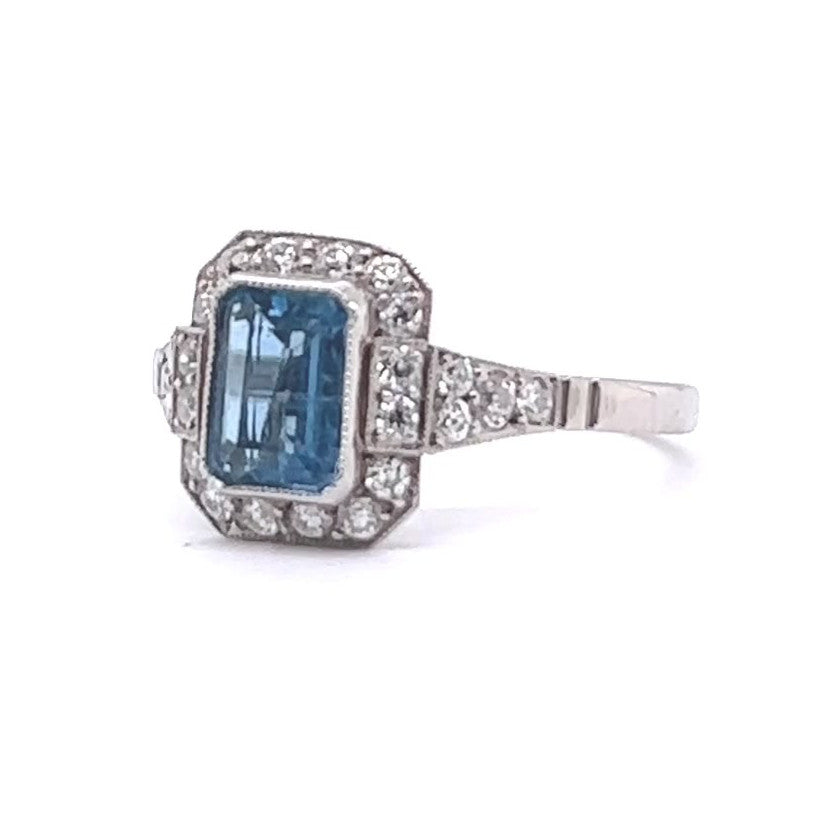 Art Deco Inspired Aquamarine Diamond Platinum Ring