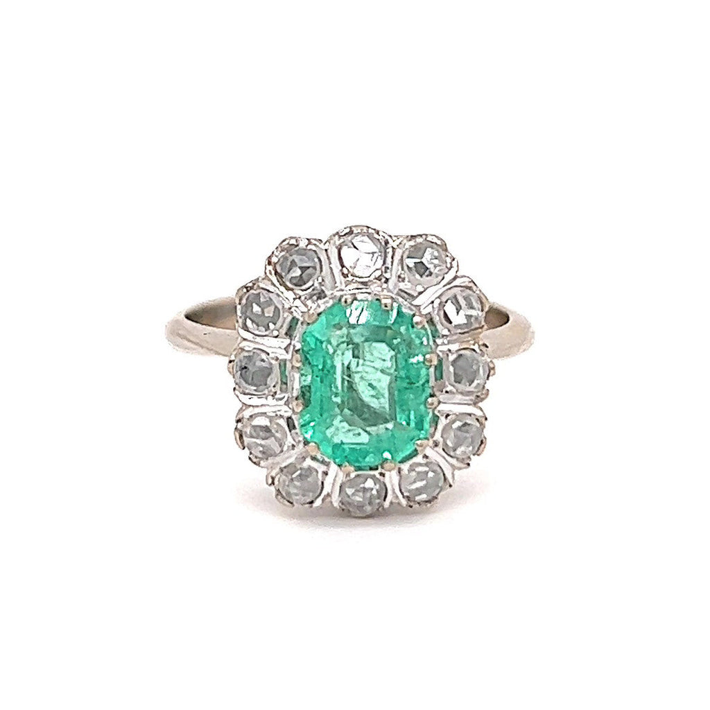 Vintage 1.15 Carat Emerald Diamond 18 Karat White Gold Cluster Ring