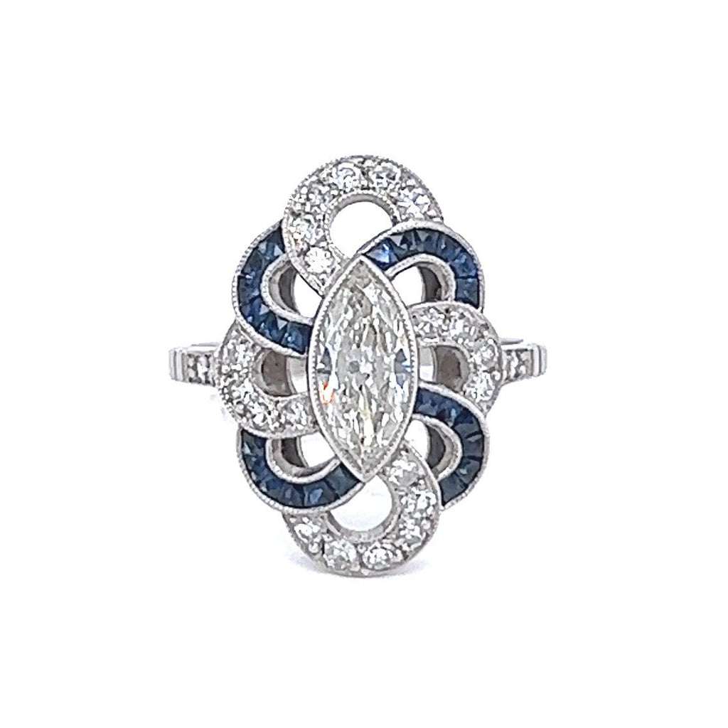 Art Deco Inspired 0.72 Carat Marquise Cut Diamond Sapphire Platinum Ring