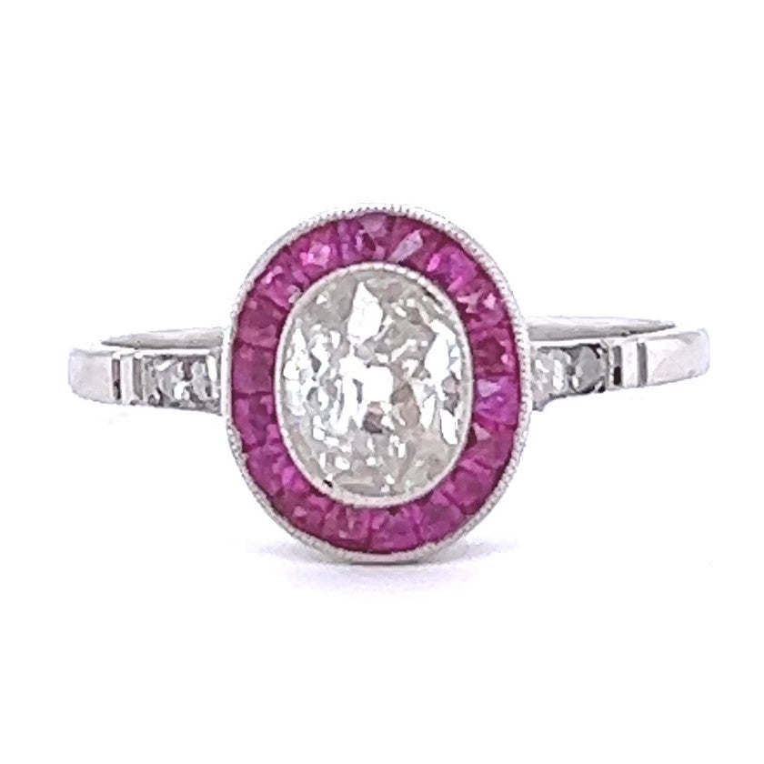Art Deco Inspired 0.65 Carat Diamond Ruby Platinum Halo Ring