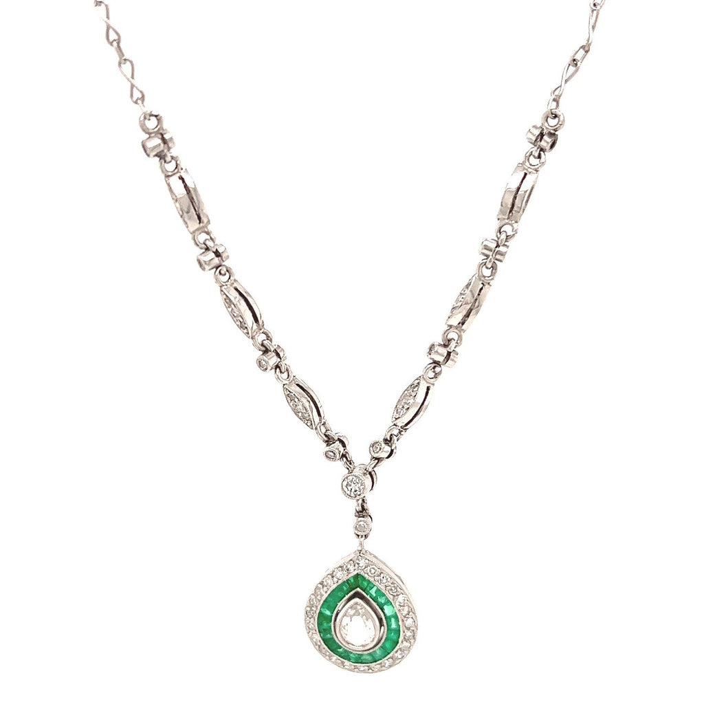 Art Deco Inspired 0.10 Carat Pear Shape Diamond Emerald Platinum Drop Necklace