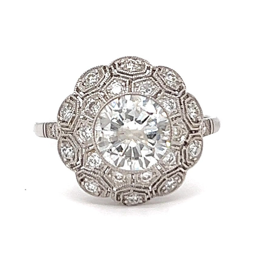 Art Deco Inspired 1.32 Carat Round Cut Diamond Platinum Filigree Engagement Ring