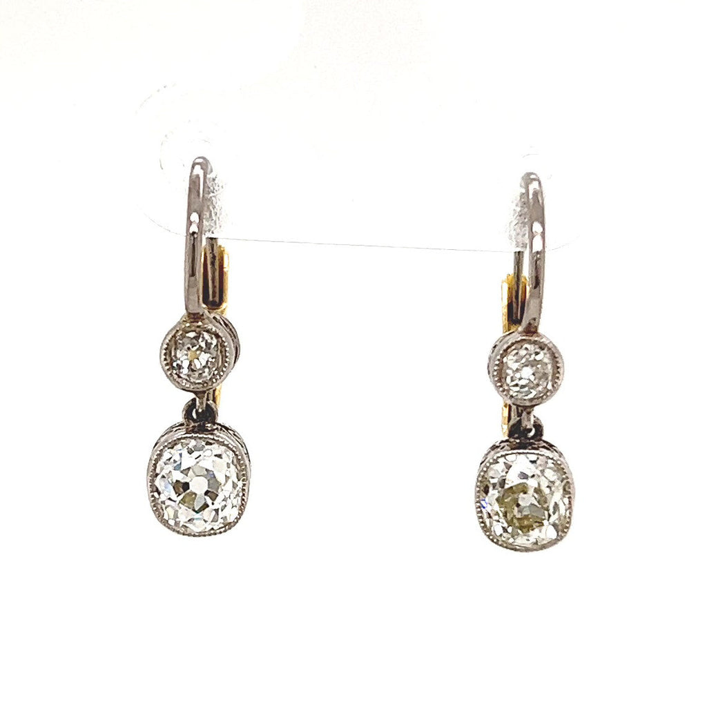Antique Inspired 1.13 Carat Old Mine Cut Diamond Platinum Drop Earrings