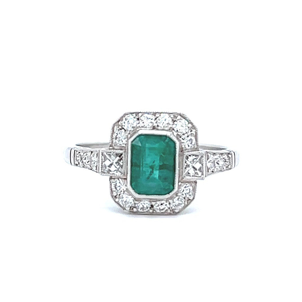 Art Deco Inspired 0. 70 Carat Emerald Diamond Platinum Ring