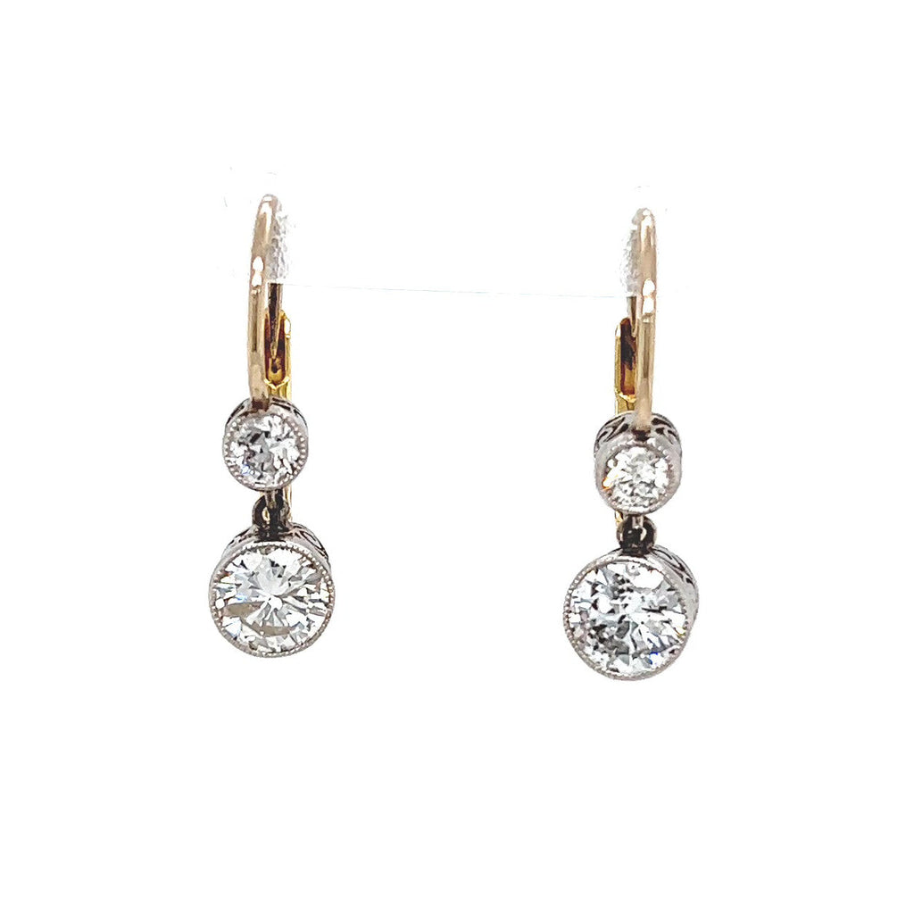 Antique Inspired 1.07 Carat Diamond Platinum 18 Karat Yellow Gold Drop Earrings