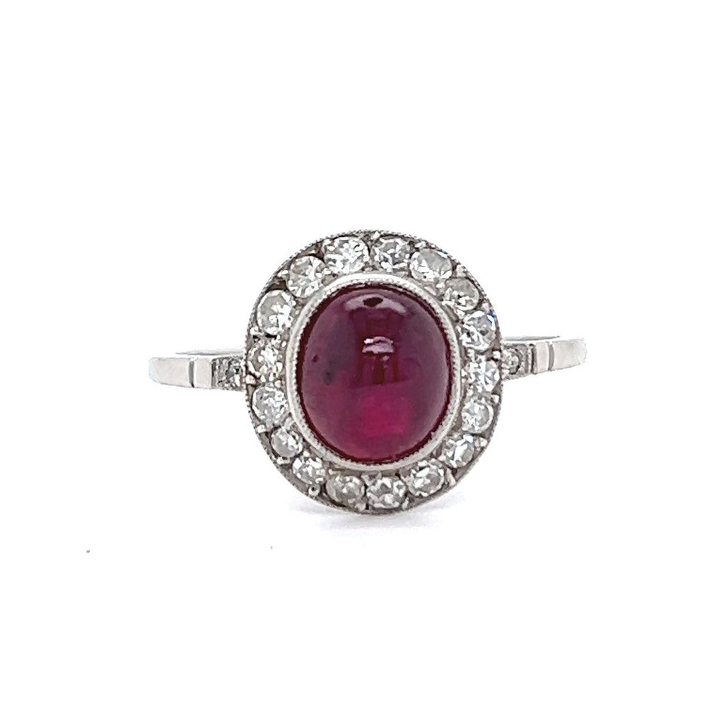 Art Deco Inspired 2.40 Carats Cabochon Ruby Diamond Platinum Ring