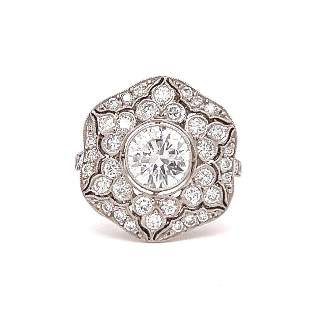 Art Deco Inspired 1.04 Carat Brilliant Cut Diamond Platinum Pave Cluster Ring