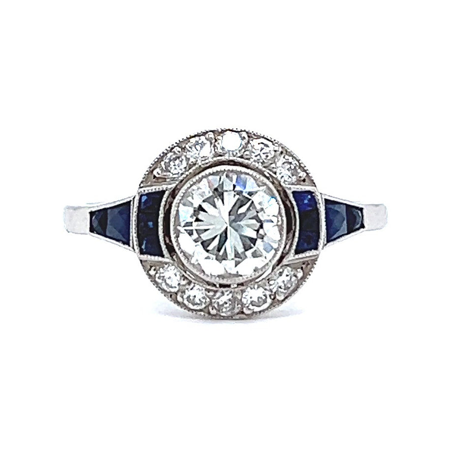 Art Deco Inspired 0.92 Carat Diamond Sapphire Platinum Target Ring