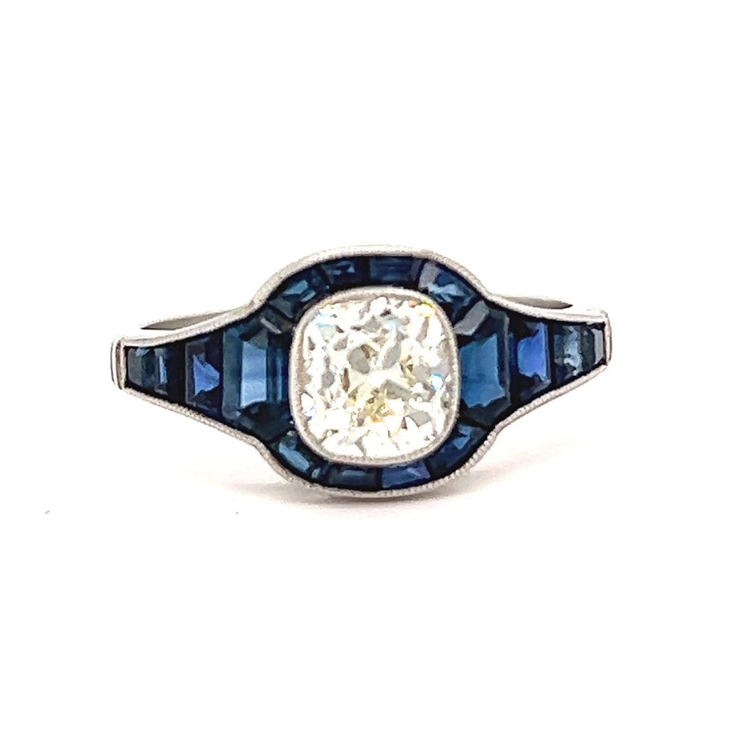 Art Deco Inspired 0.98 Carat Old Mine Cut Diamond Sapphire Platinum Ring