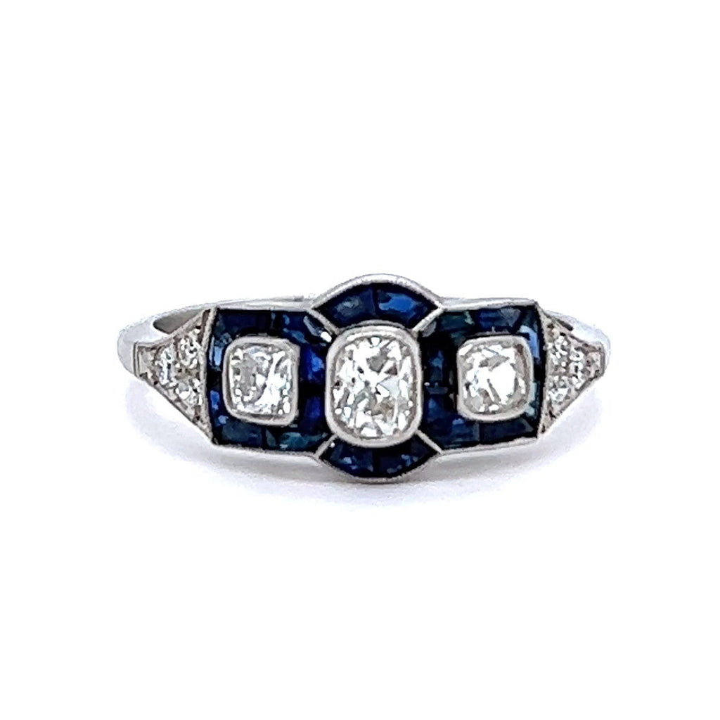 Art Deco Inspired 0.30 Carat Old Cut Diamond Sapphire Platinum Three Stone Ring