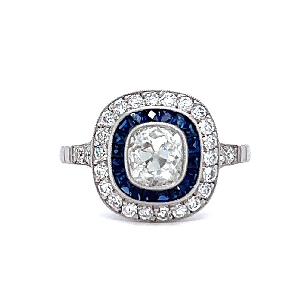Art Deco Inspired 0.99 Carat Old Mine Cut Diamond Sapphire Platinum Target Ring