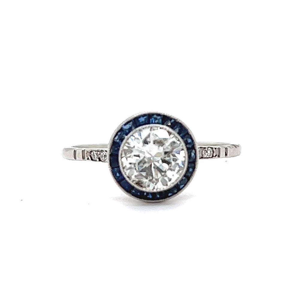 Art Deco Inspired 0.87 Carat Diamond Sapphire Platinum Halo Engagement Ring