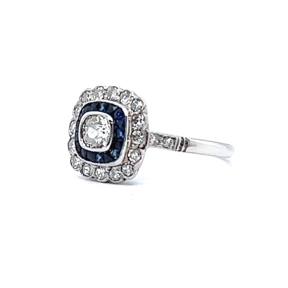 Art Deco Inspired Old Mine Cut Diamond Sapphire Halo Ring