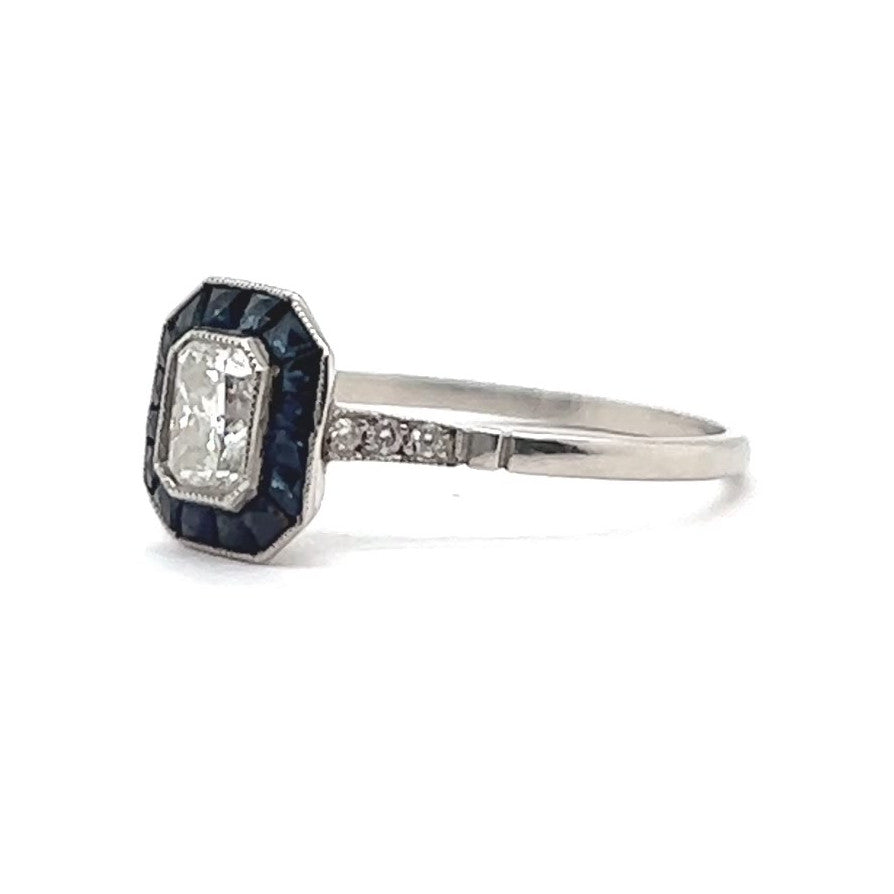 Art Deco Inspired Diamond Sapphire Halo Engagement Ring