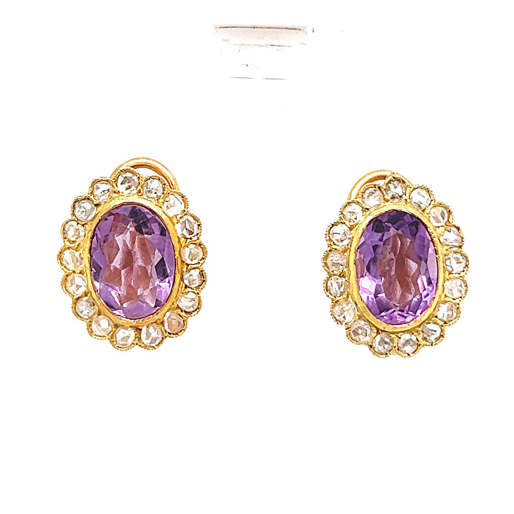 Antique Amethyst Diamond 18 Karat Yellow Gold Clip On Earrings