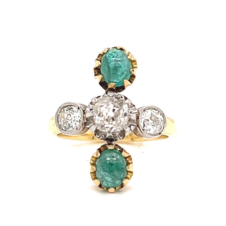 Antique French Old Mine Cut Diamond Emerald 18 Karat Gold Ring