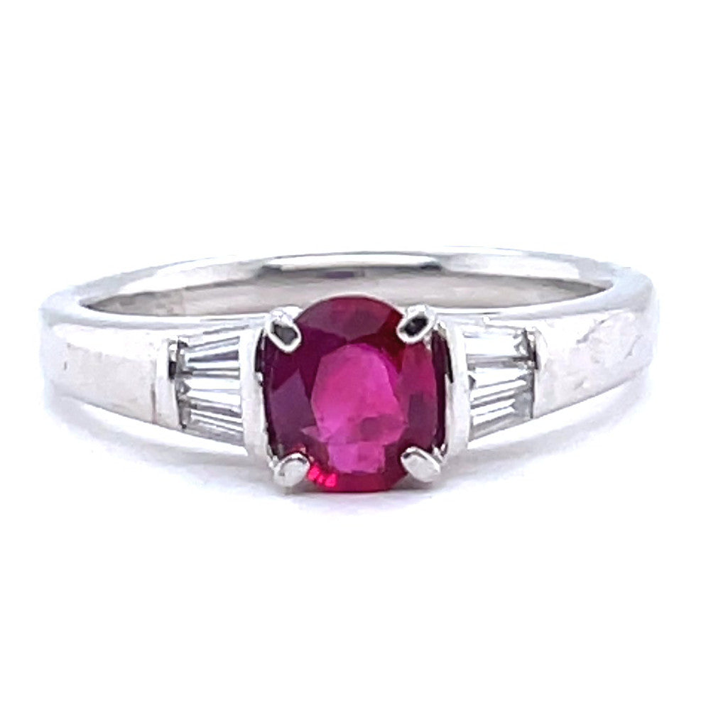 Retro Inspired 0.58 Carat Oval Ruby Baguette Diamond Platinum Engagement Ring
