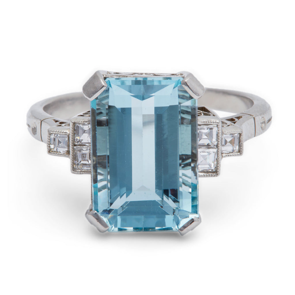 Art Deco Inspired 4.72 Carats Aquamarine Diamond Platinum Ring