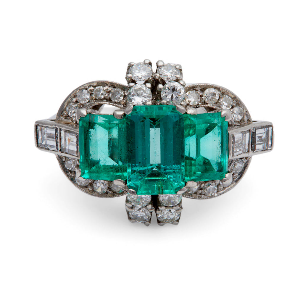 Art Deco Inspired Emerald Diamond Platinum Cocktail Ring
