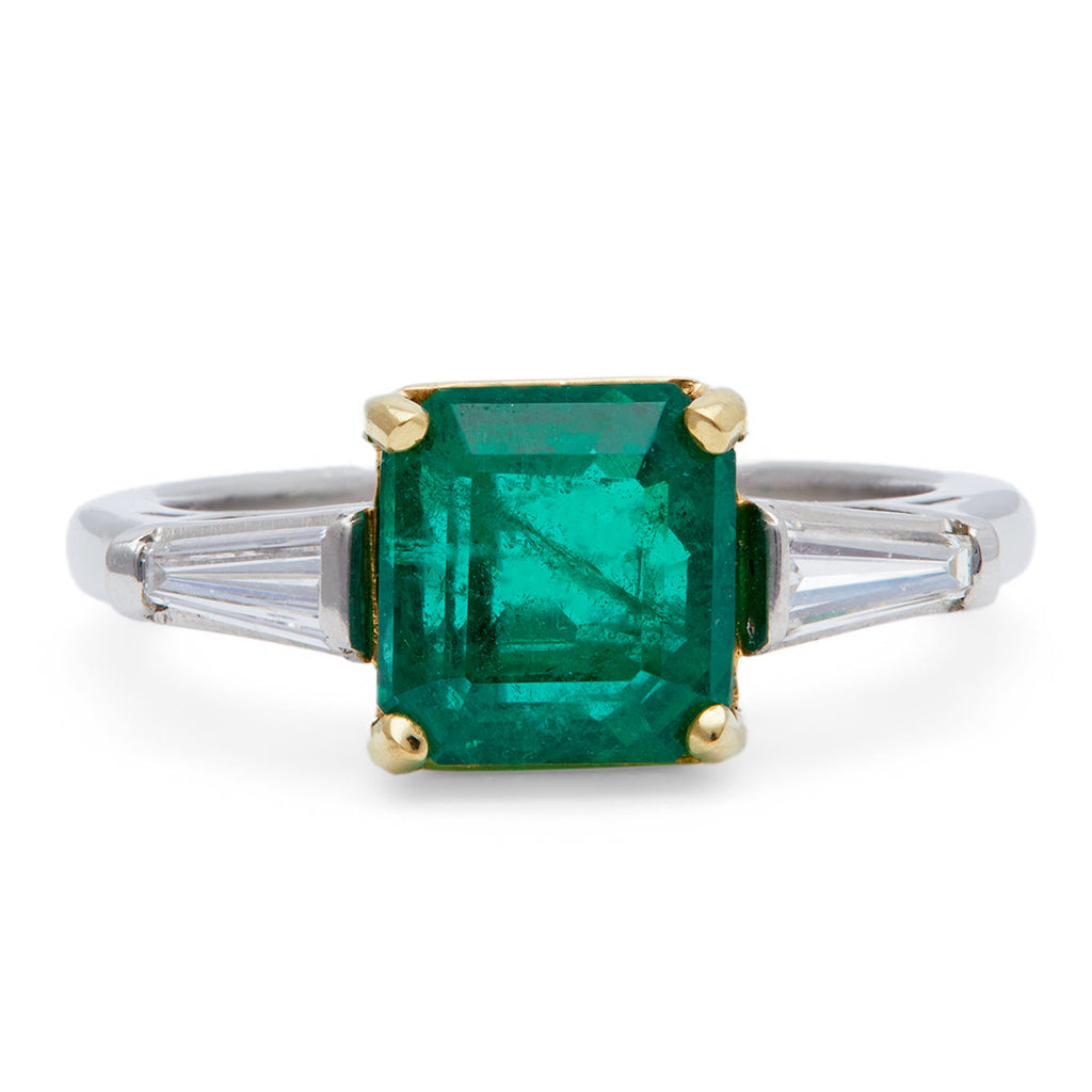 Vintage GIA Zambian Emerald Diamond Platinum 18 Karat Yellow Gold Ring