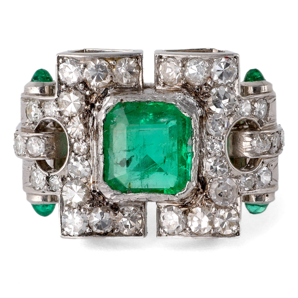 Art Deco Emerald Diamond Platinum Cocktail Ring