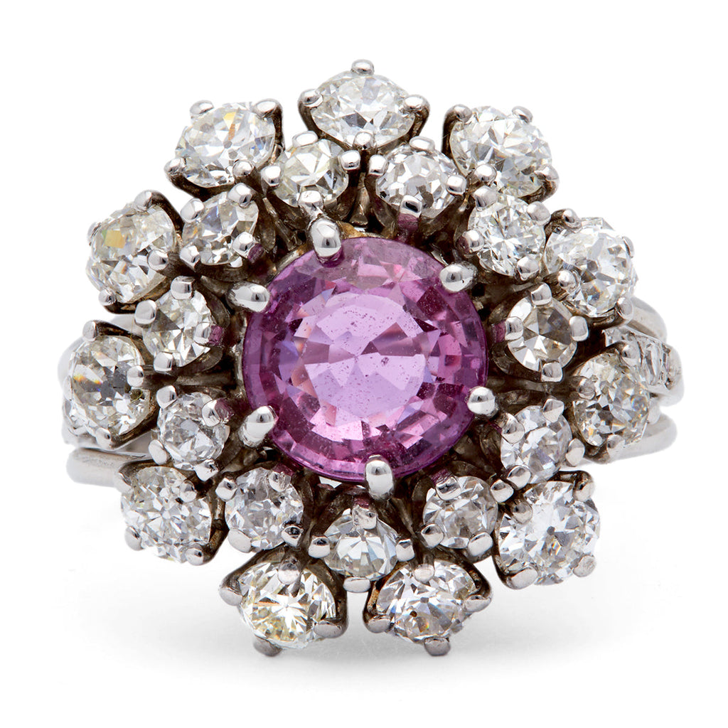 Mid Century 2.04 Carats Pink Sapphire Diamond Platinum Cluster Ring