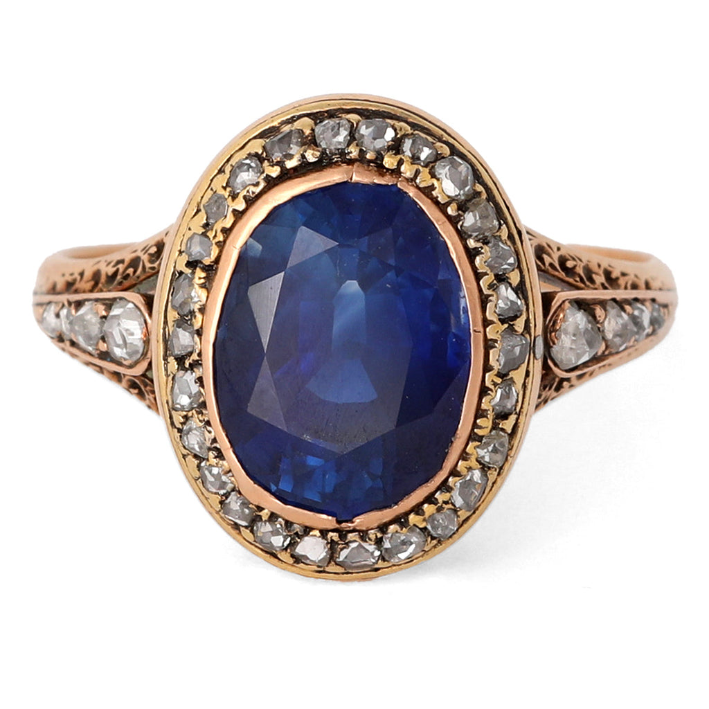 Victorian GIA 5.34 Carat Ceylon Sapphire Diamond 14 Karat Rose Gold Cluster Ring
