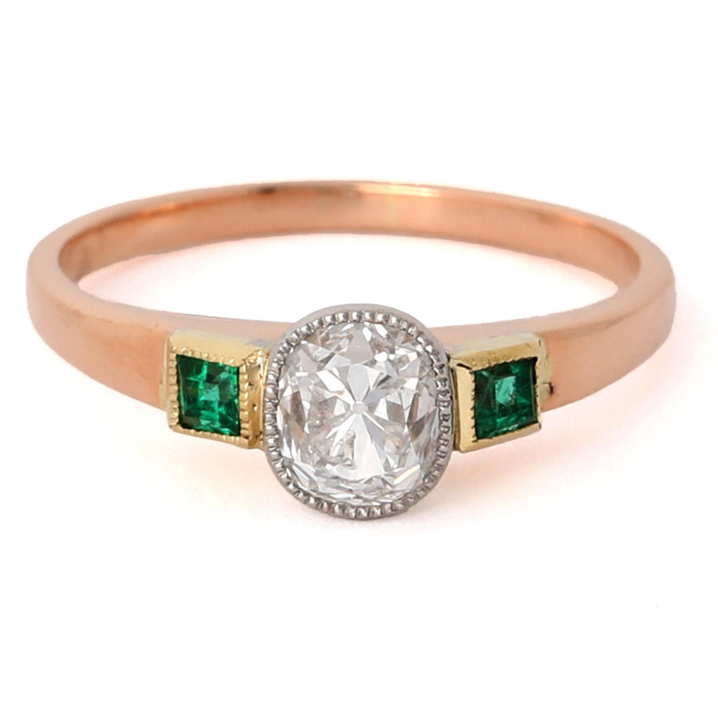 Mid Century Russian Diamond Emerald 14k Rose Gold Platinum Ring