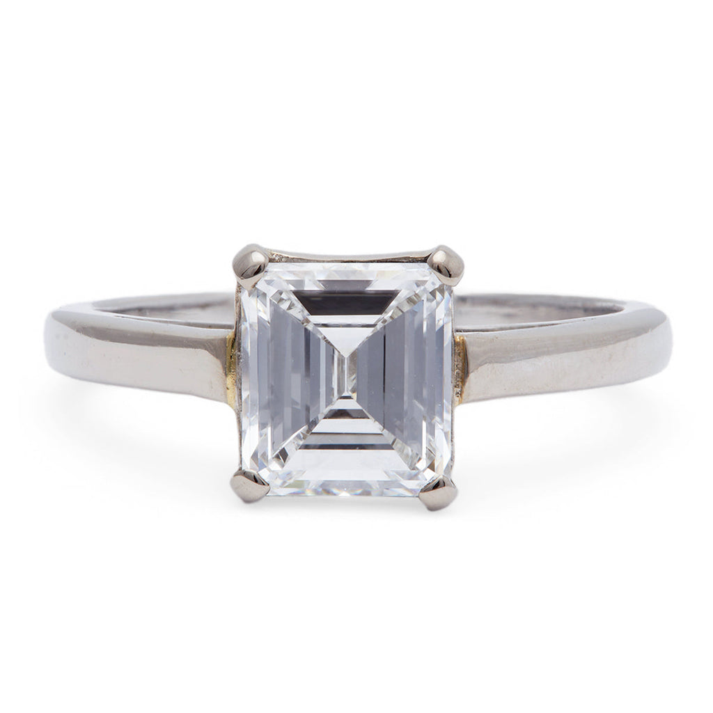 Mid Century French GIA 1.54 Carats Emerald Cut Diamond 18k White Gold Solitaire Ring