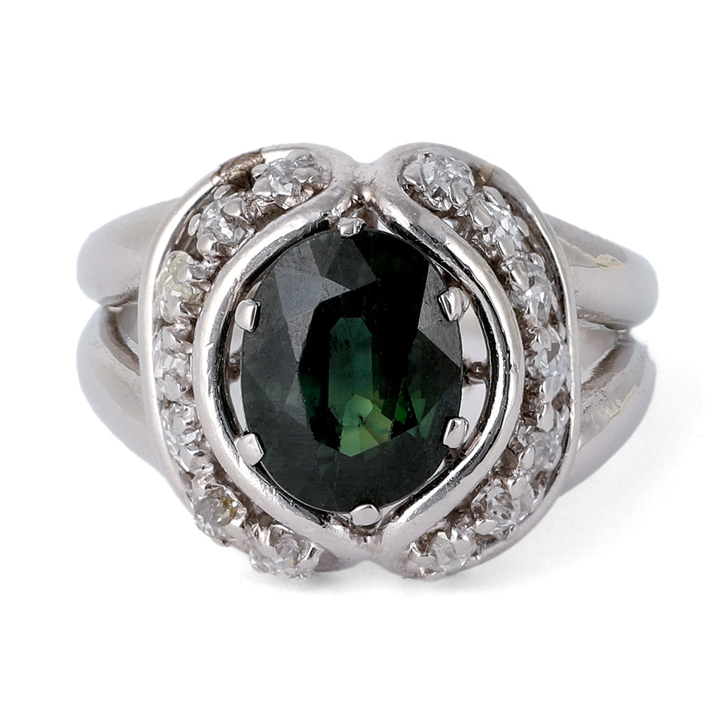 Mid Century French 1.99 Carats Green Sapphire Diamond Platinum Ring
