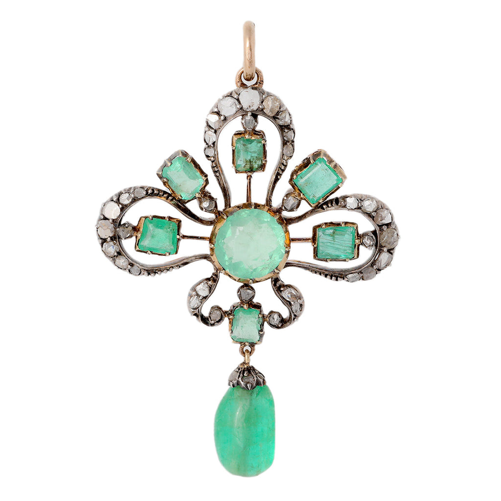 Victorian Emerald Diamond Silver 14k Rose Gold Pendant