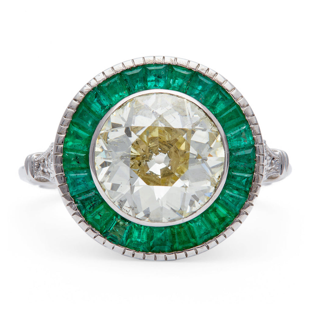 Art Deco Inspired 2.51 Carats Old European Cut Diamond Emerald 14k White Gold Target Ring