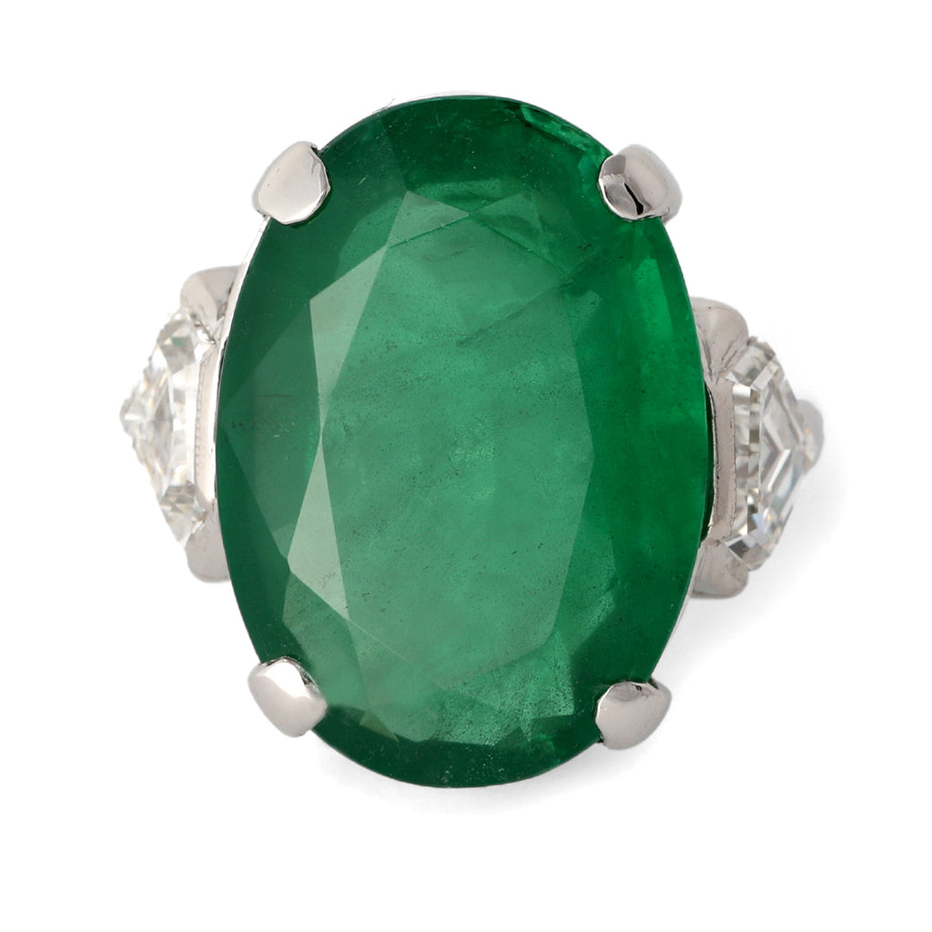 Mid Century GIA 13.93 Carats Zambian Emerald Diamond Platinum Cocktail Ring