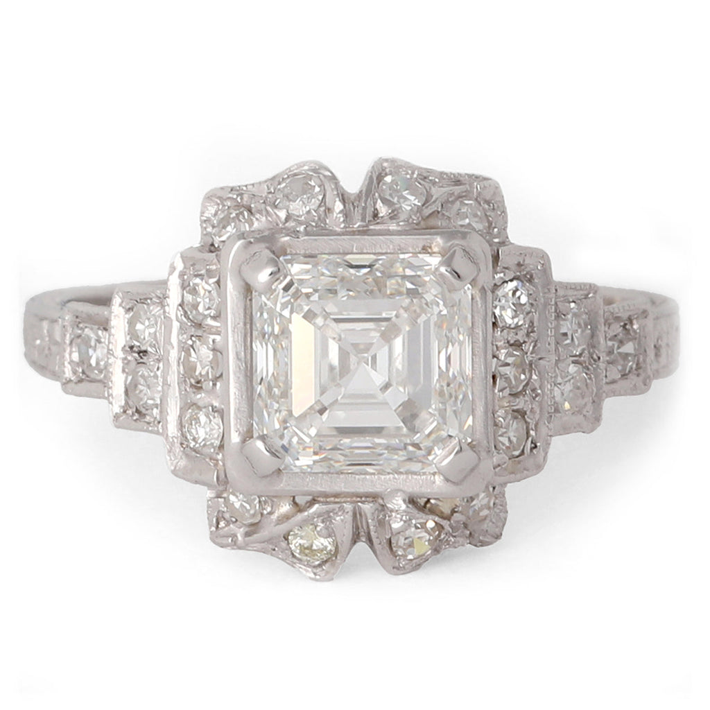 Art Deco GIA 1.50 Carats Asscher Cut Diamond Platinum Ring