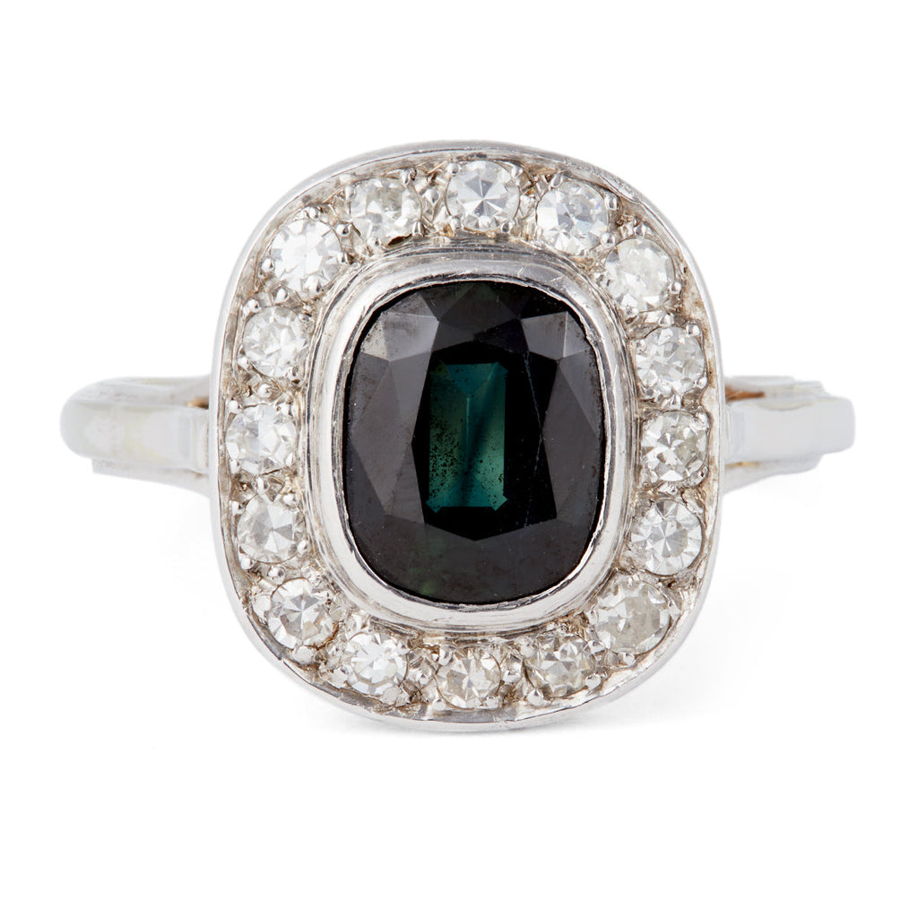 Art Deco French Sapphire Diamond Platinum 18k Gold Halo Ring