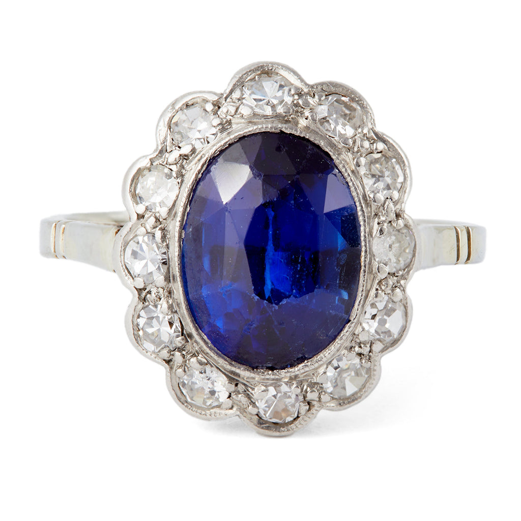 Art Deco Synthetic Sapphire Diamond 14 Karat White Gold Cluster Ring