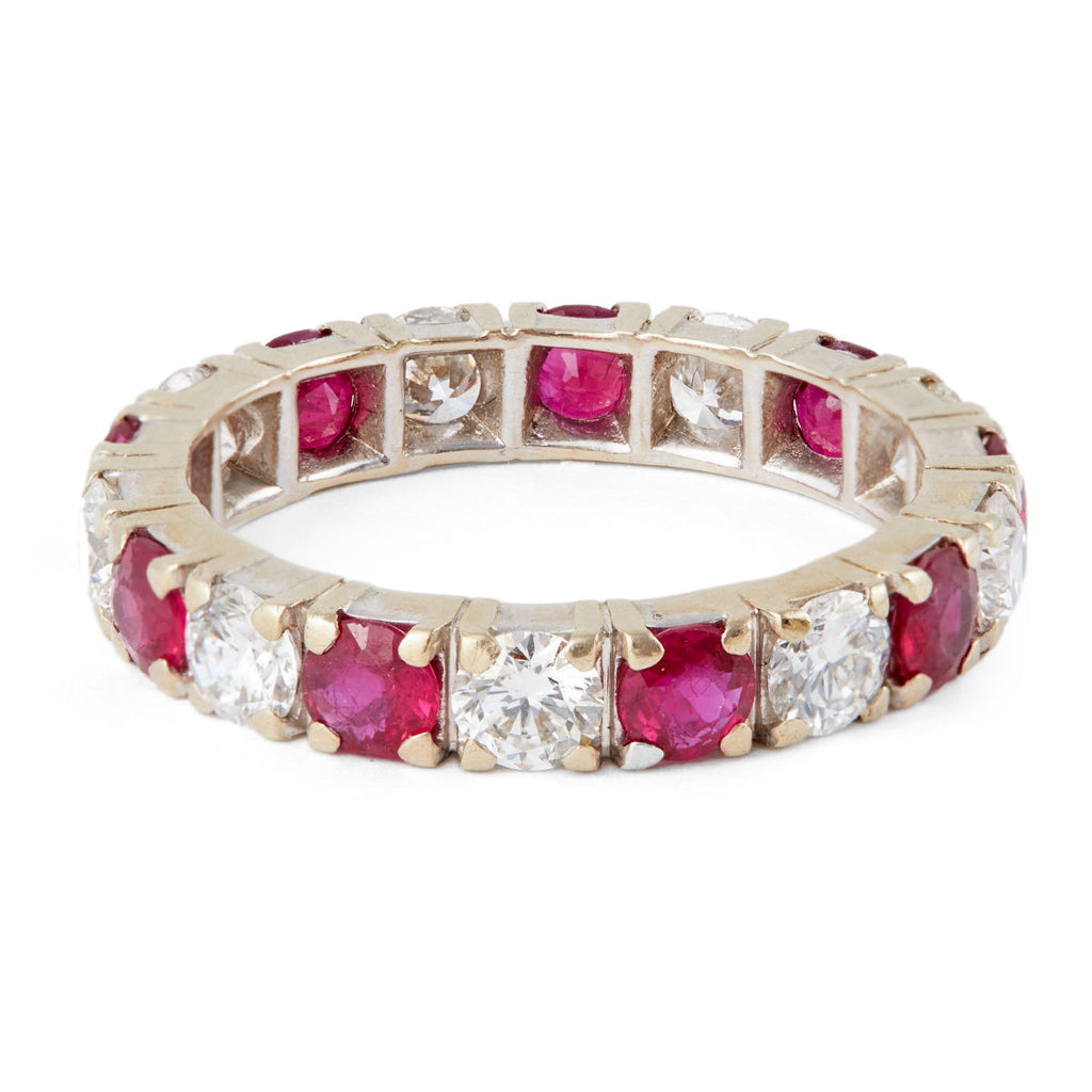 Mid Century Ruby Diamond 18k White Gold Eternity Band