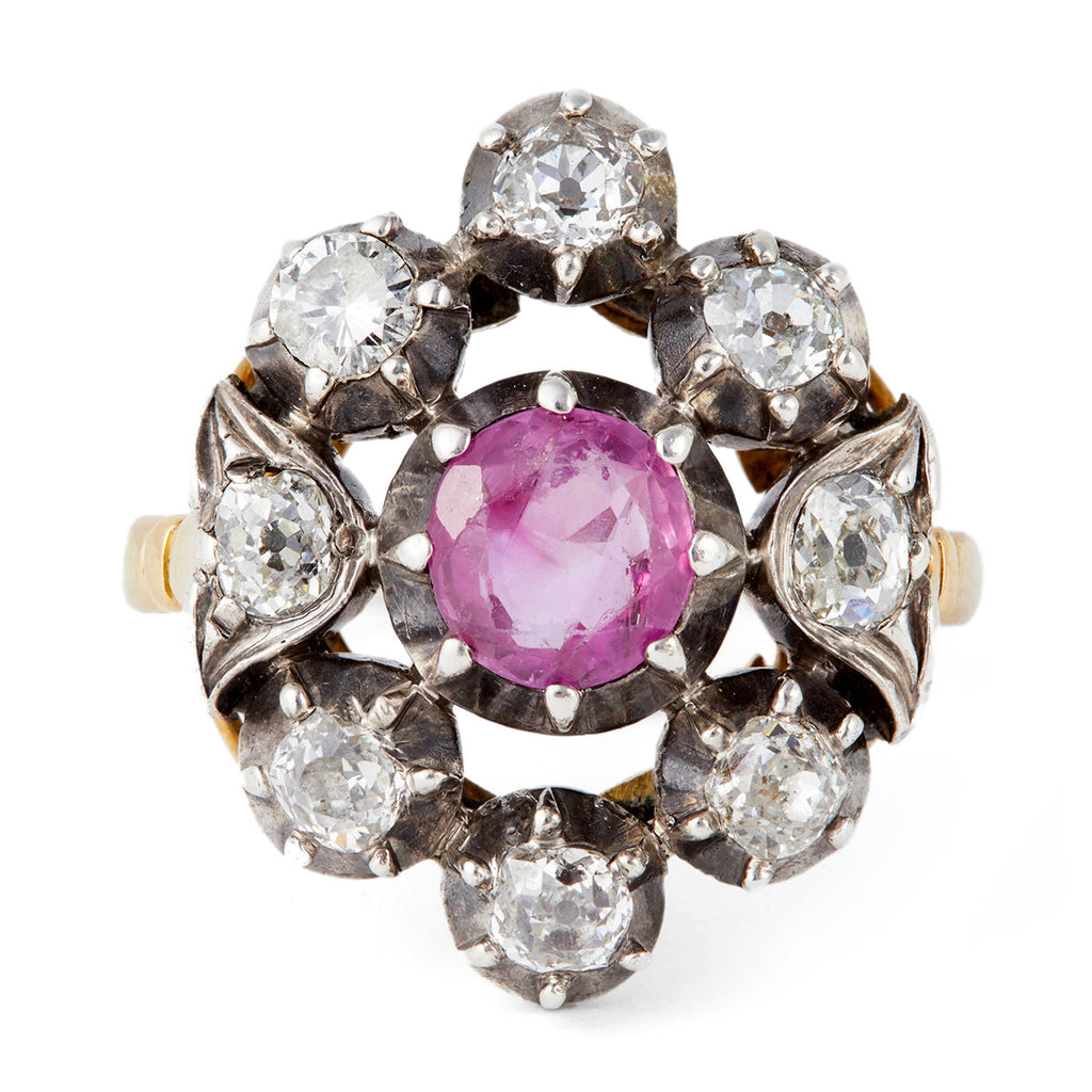 Antique French Pink Sapphire Diamond 18k Yellow Gold Silver Cocktail Ring