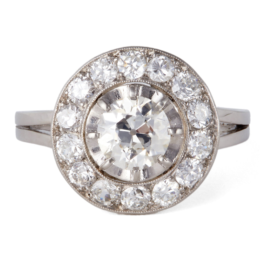 Art Deco French GIA 1.19 Carats Old European Cut Diamond Platinum Target Ring