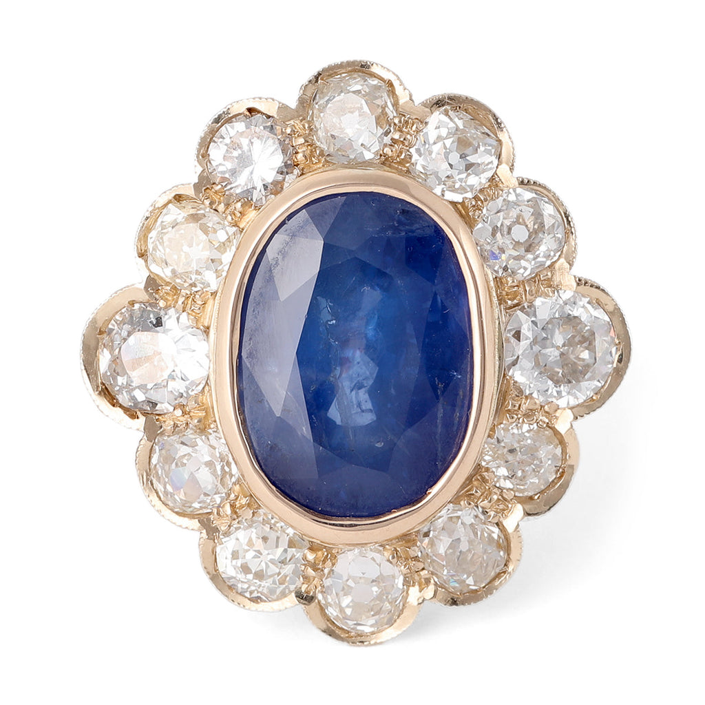 Edwardian GIA 10 Carats Ceylon Sapphire Diamond 18k Gold Cluster Ring