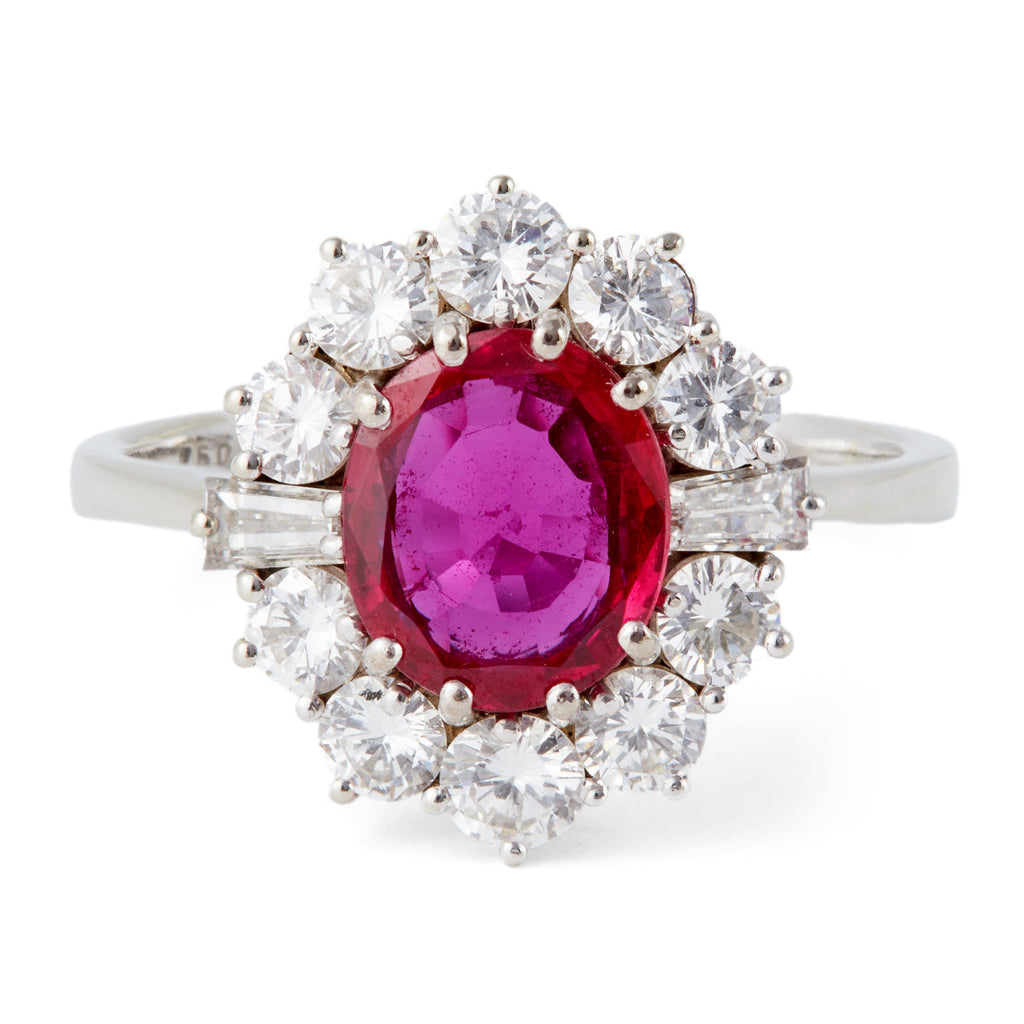 Vintage AIG 1.00 Carats Ruby Diamond 18k White Gold Cluster Ring