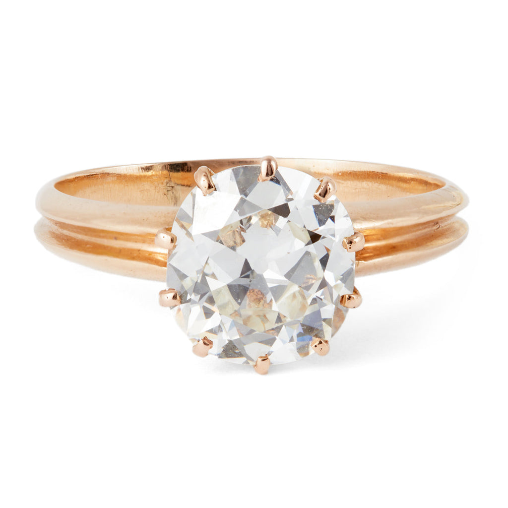 Victorian GIA 2.91 Carats Old Mine Cut Diamond 14k Rose Gold Solitaire Ring