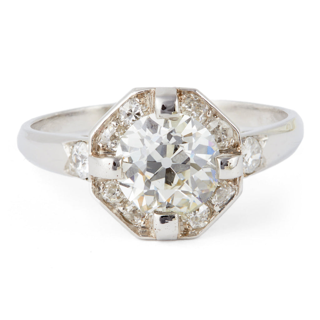 Art Deco French GIA 1.73 Carats Old European Cut Diamond Platinum Ring